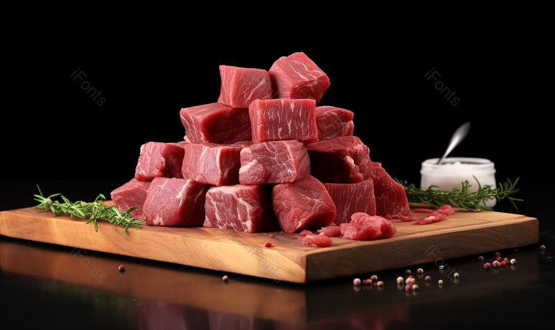黑色背景生肉肉粒肉块在砧板上蔬菜实拍图,高清,摄影图,摄影图片,图片大全,摄影图免费下载